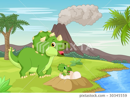 Mother triceratops with baby hatching Mother triceratops with baby hatching 30345559