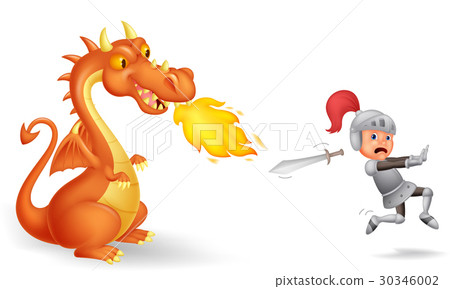 Cartoon of a knight running from a fierce dragon 30346002