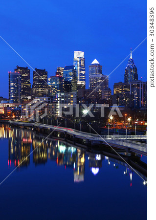 Vertical night scene of the Philadelphia skyline 30348396