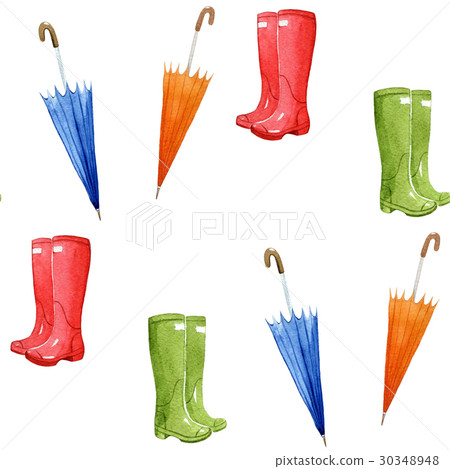 Autumn print with umbrellas, rubber boots  30348948