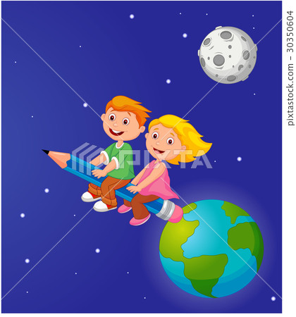 Boy and girl riding a pencil leaving the earth Boy and girl riding a pencil leaving the earth 30350604