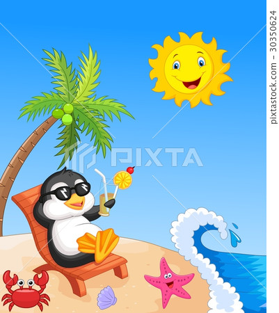 Cute penguin sitting on beach chair 30350624