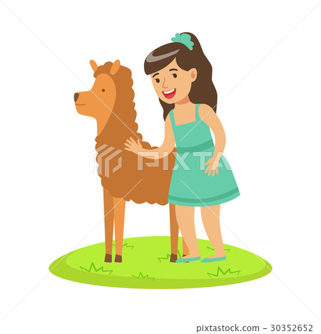 Girl standing on green grass and petting fluffy Girl standing on green grass and petting fluffy 30352652