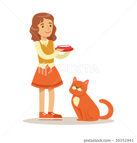 Cute little girl holding a bowl with milk and red Cute little girl holding a bowl with milk and red 30352941