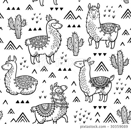 Contour seamless pattern with alpaca and cactuses 30359089