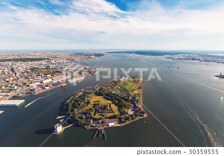 Aerial view of the Governors Island with Brooklyn 30359555