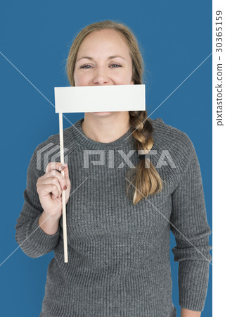 Caucasian Woman Holding Flag Covering Mouth 30365159