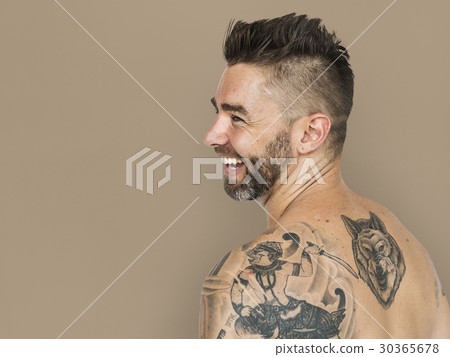Caucasian Man Back Tattoo Smiling 30365678