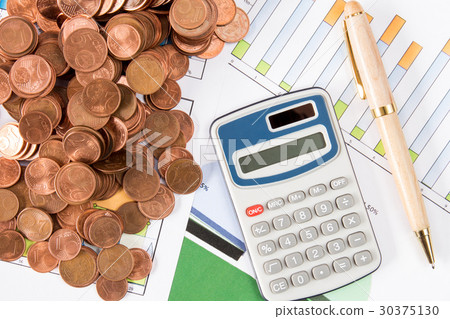 Calculator,pen and  Euro cents on paperwork 30375130