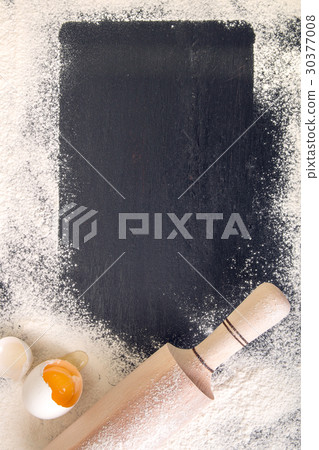 Copy space around rolling pin, flour and egg Copy space around rolling pin, flour and egg 30377008