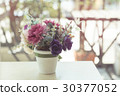 Purple flower vases on table in cafe, process colo 30377052