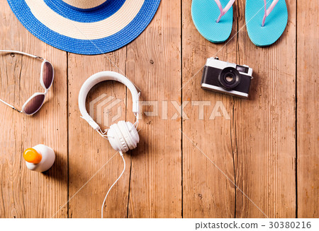 Summer vacation composition. Sunglasses, camera Summer vacation composition. Sunglasses, camera 30380216