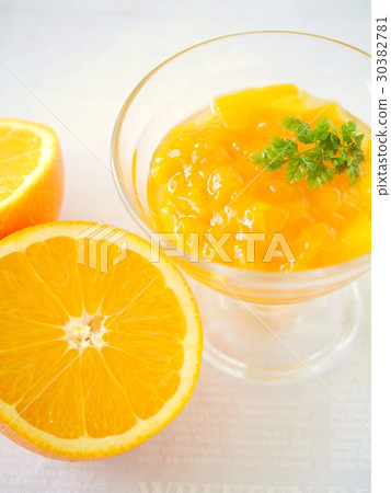 Orange jelly with fruit (high angle) Orange jelly with fruit (high angle) 30382781