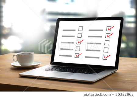 Laptop with blank screen on table. Workspace new 30382962