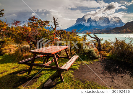 Picnic bench in Torres del Paine 30392426