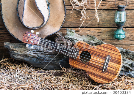 ukulele with cowboy hat on barn background ukulele with cowboy hat on barn background 30403384