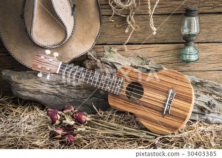 ukulele and dry roses with cowboy hat on barn ukulele and dry roses with cowboy hat on barn 30403385