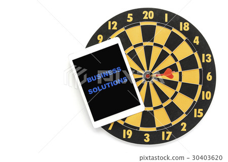 business solution on tablet screen with dartboard 30403620