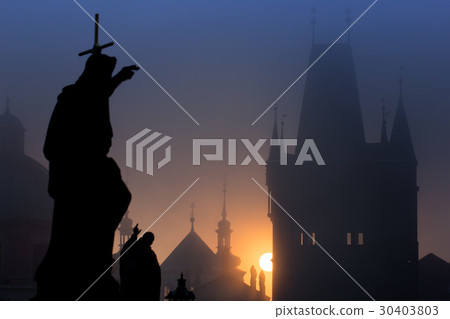 Statue of Charles Bridge at dawn 30403803