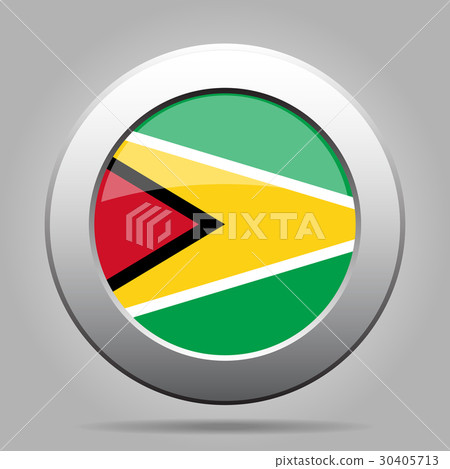 Flag of Guyana. Shiny metal gray round button. 30405713
