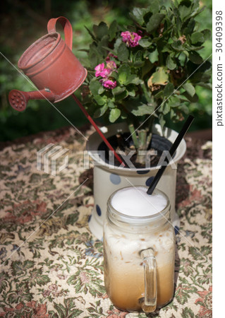 Iced Milk Coffee On Outdoor Table 30409398