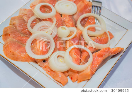 Close up fresh sliced salmon in restaurant Close up fresh sliced salmon in restaurant 30409925