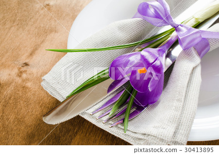 Spring Festive Table Setting With Fresh Flower. Spring Festive Table Setting With Fresh Flower. 30413895