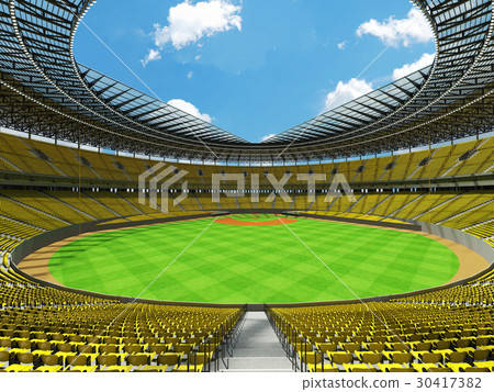 Baseball stadium with yellow seats and VIP boxes 30417382