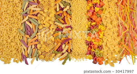 Assortment of colored uncooked italian pasta 30417997