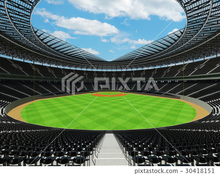 Modern baseball stadium with roof and black seats 30418151