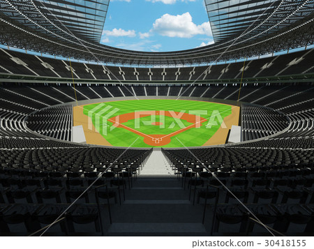 Modern baseball stadium with roof and black seats 30418155