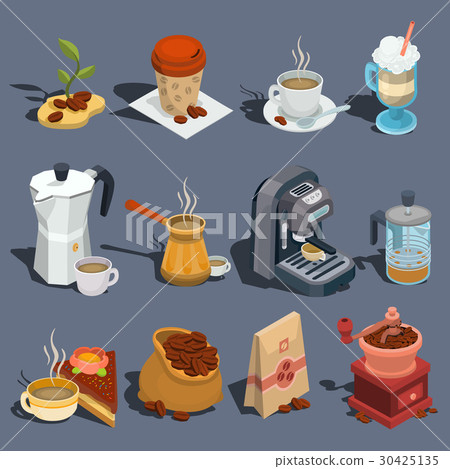 Set of vector isometric coffee icons, stickers 30425135