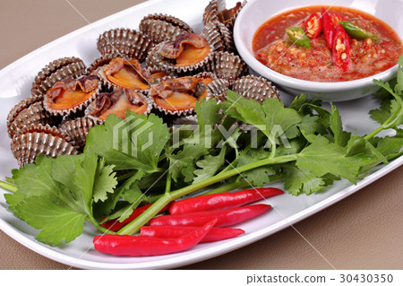 Soft-boiled blood cockles shell with spicy sauce. Soft-boiled blood cockles shell with spicy sauce. 30430350