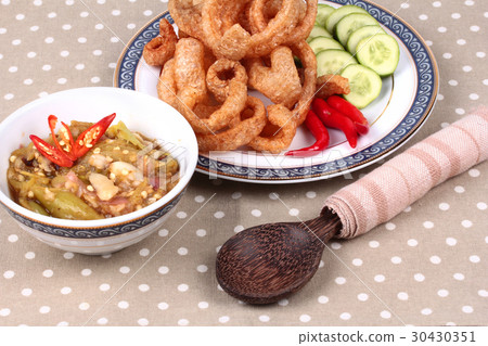 Green chili dip as Nam Prik Num served side dish. Green chili dip as Nam Prik Num served side dish. 30430351