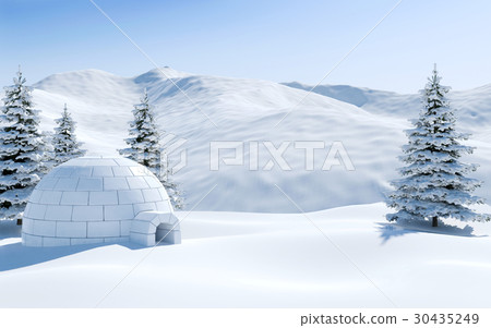 Igloo in snowfield with snowy mountain  30435249