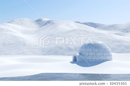 Igloo isolated in snowfield with lake and mountain Igloo isolated in snowfield with lake and mountain 30435301