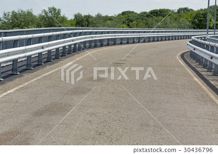 Asphalt road with metal fences and walkway closeup Asphalt road with metal fences and walkway closeup 30436796
