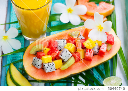 Fruit salad in half of papaya with mango smoothie Fruit salad in half of papaya with mango smoothie 30440740
