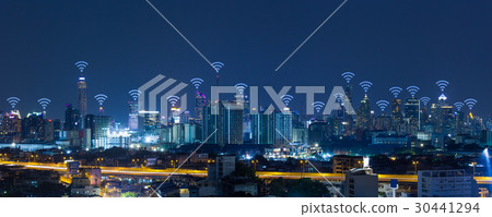 Panorama cityscape with wifi network connection Panorama cityscape with wifi network connection 30441294