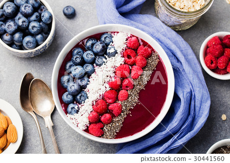 Smoothie bowl with fresh berry, chia seed Top view 30441560