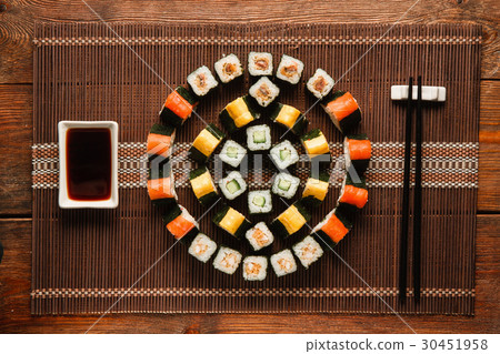 Food art, colorful ornament of sushi, flat lay 30451958