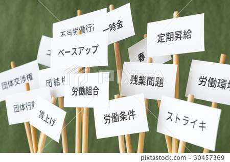 Labor union social issues negotiation request labor environment overtime problem labor union placard 30457369