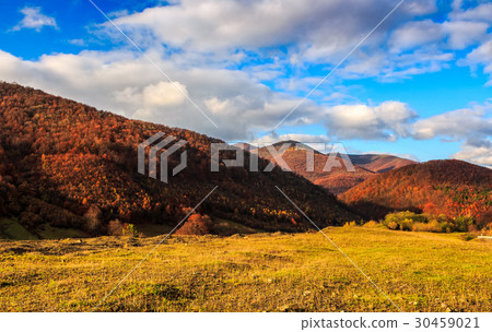 mountain rural area in foggy autumn morning 30459021