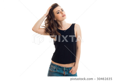 beautiful young girl in a black t-shirt turned her 30461635