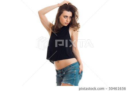 attractive young girl in the black shirt posing on attractive young girl in the black shirt posing on 30461636