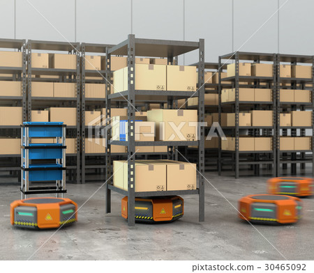 攜帶產品貨架的橙色機器人。物流支持機器人的概念 30465092