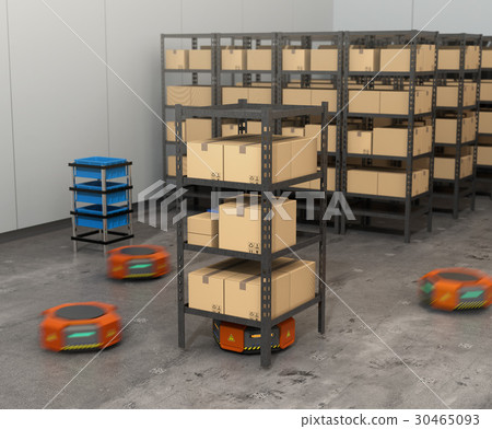 攜帶產品貨架的橙色機器人。物流支持機器人的概念 30465093