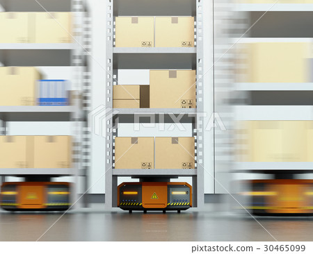 Orange robot that carries product shelves. Concept of logistics support robot Orange robot that carries product shelves. Concept of logistics support robot 30465099