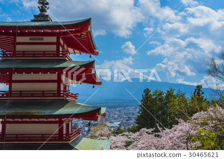 Shinagurayama Asama Park 5-storied tower and Mount Fuji and cherry blossoms 30465621