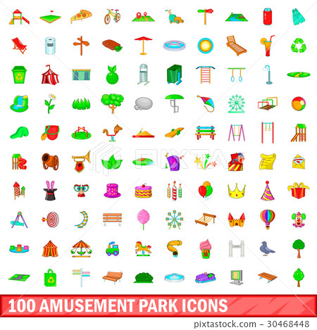 100 amusement park icons set, cartoon style 30468448